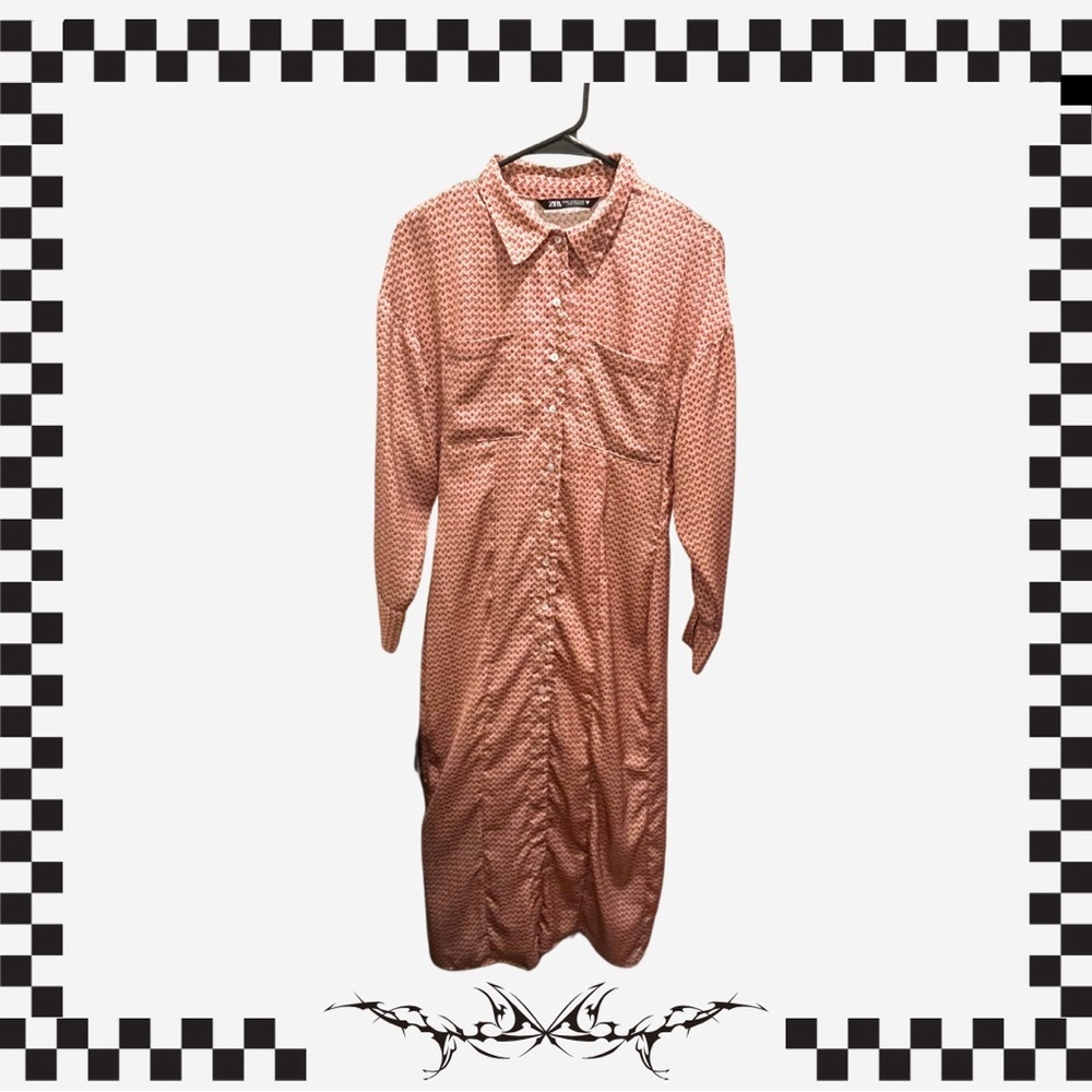 ZARA Floral Button Up Maxi Dress Tan Pink Boho Cottagecore Western Festival
